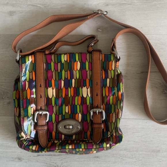 FOSSIL Flap Satchel Messenger Canvas Crossbody Purse Bag colorful leather